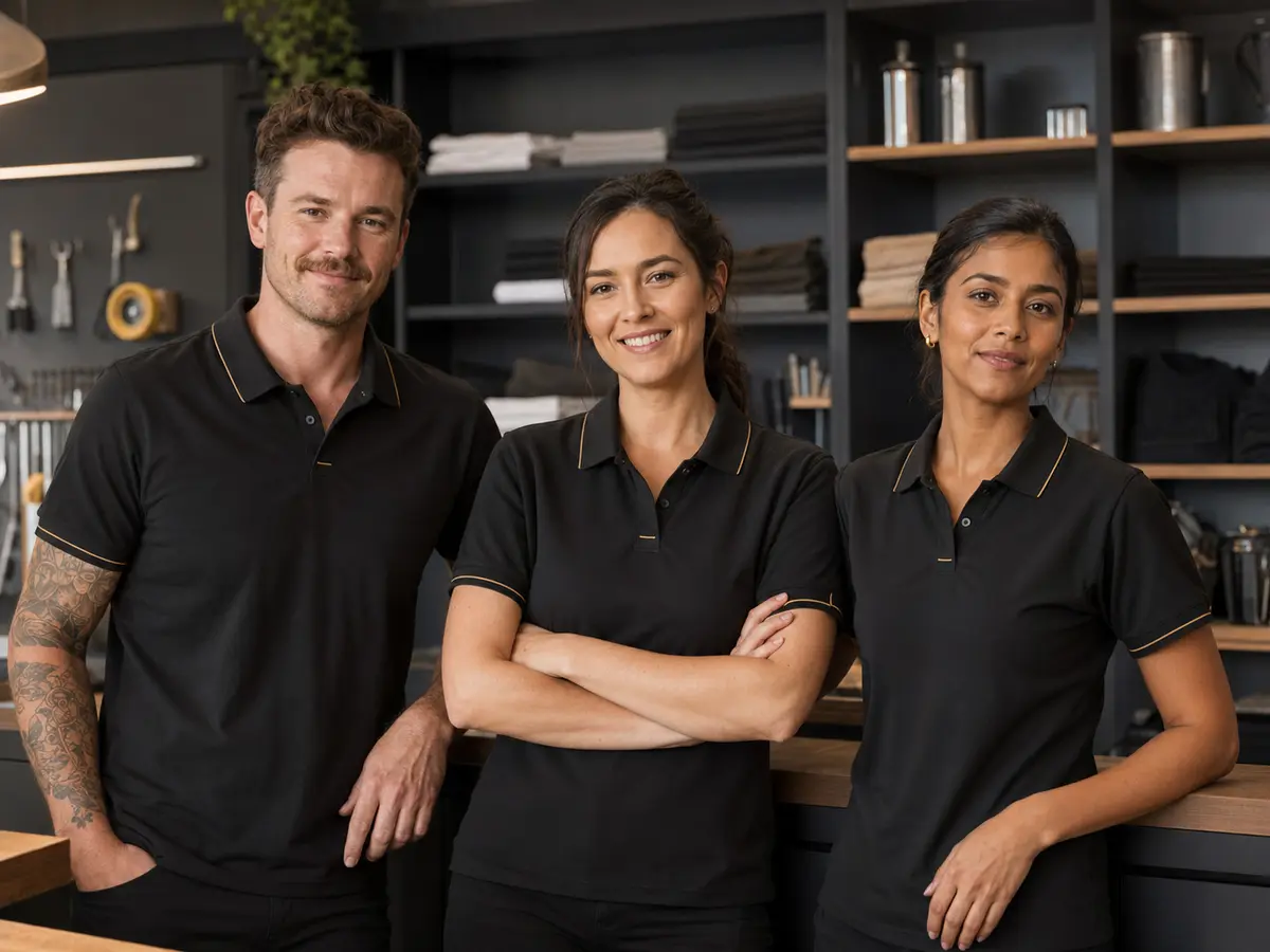 About Business staff wearing coordinated custom apparel